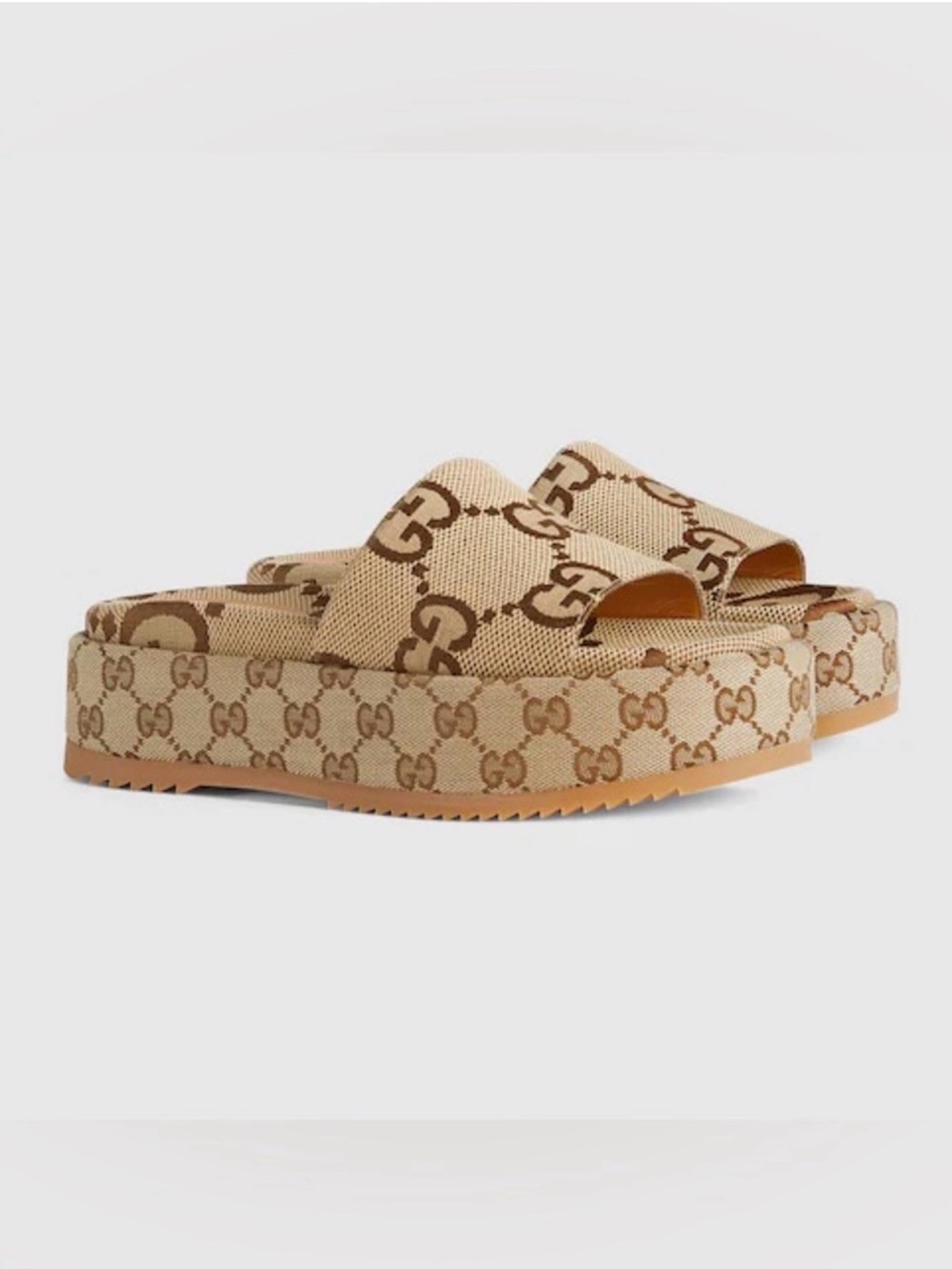 Gucci Angelina Maxi Tan & Brown GG Monogram Canvas Platform Slide Sandals